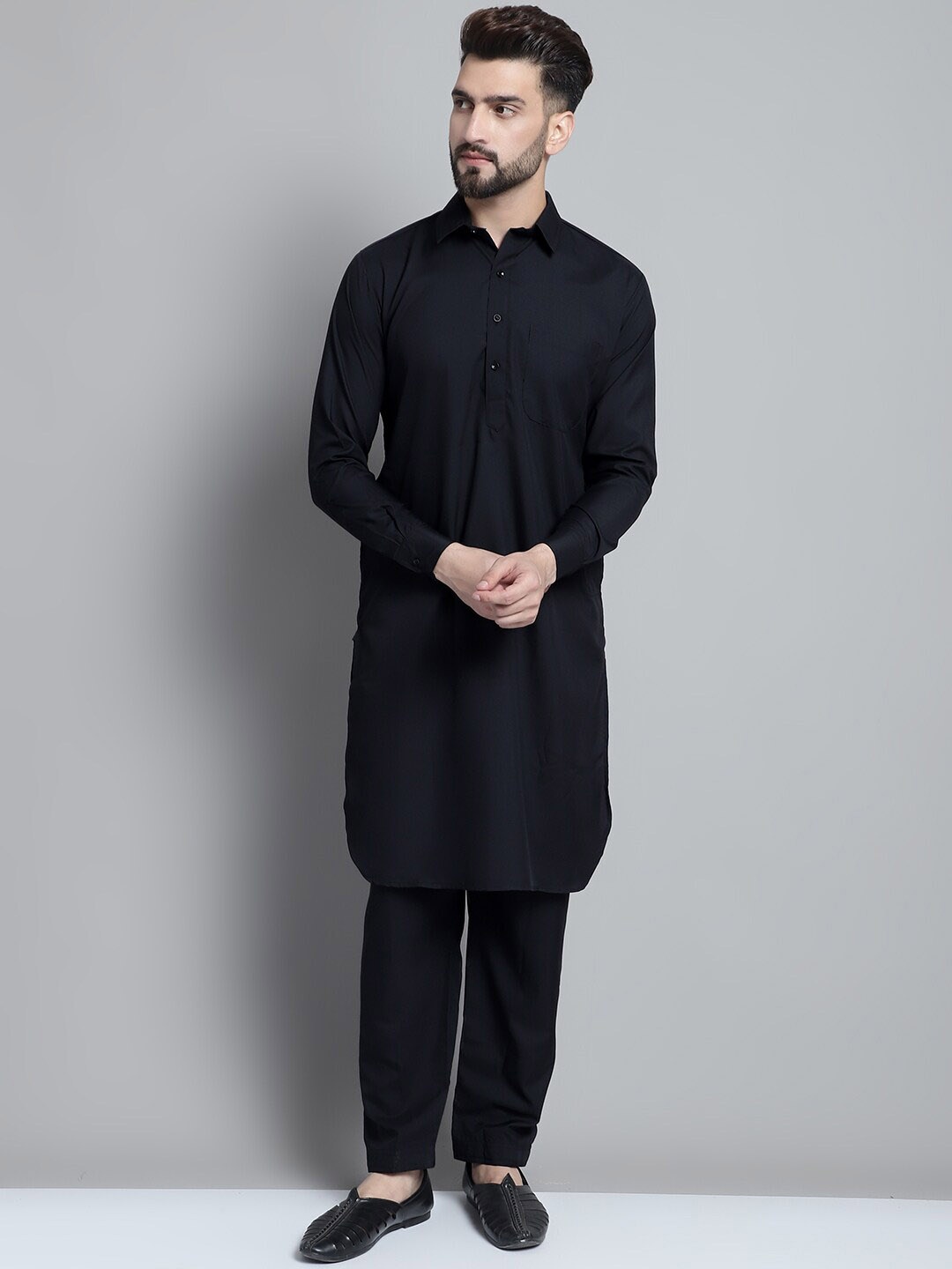 

Jompers Shirt Collar Pathani Kurta with Salwar, Black