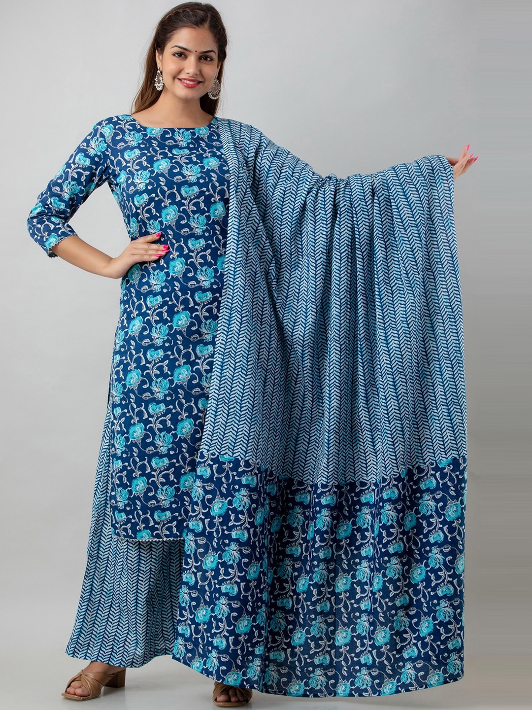Country Style Floral Printed Pure Cotton Straight Kurta With Palazzos & Dupatta, Blue