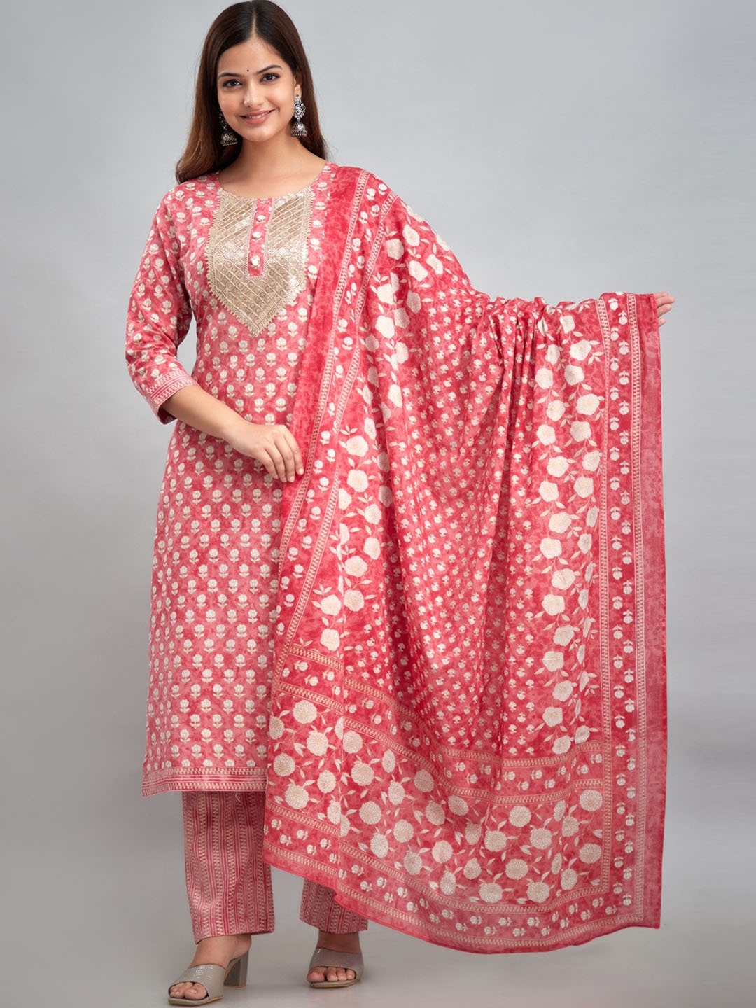 

Country Style Floral Printed Sequined Pure Cotton Kurta With Trousers & Dupatta, Pink