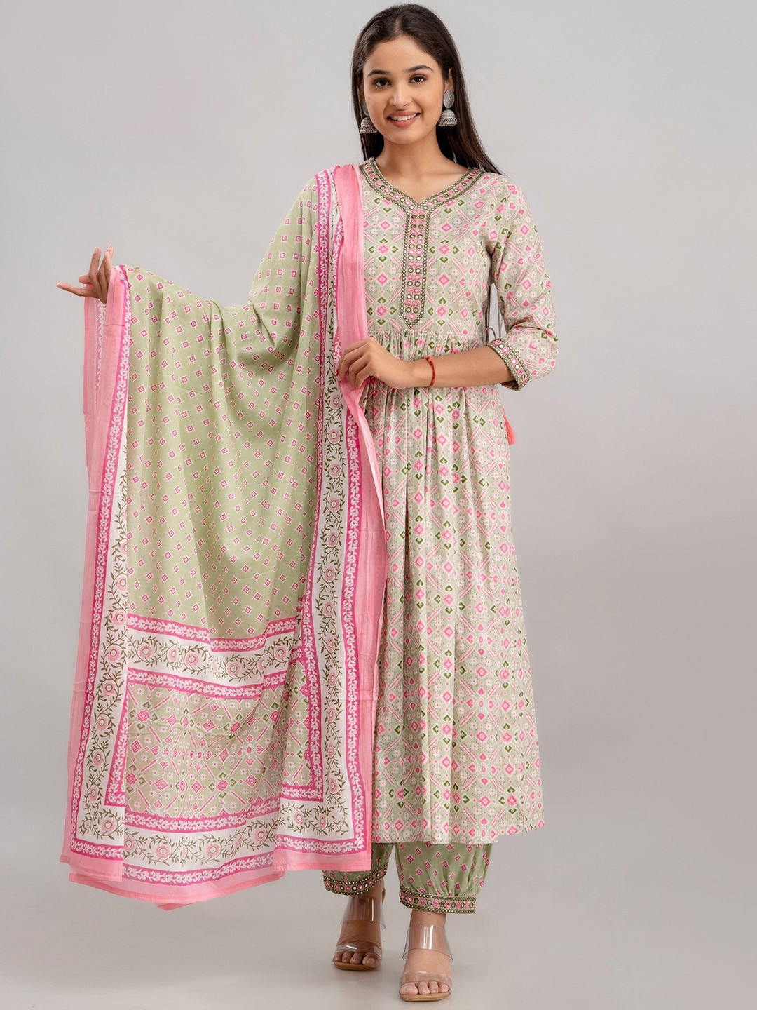 

Country Style Ethnic Motifs Printed Pure Cotton A Line Kurta With Salwar & Dupatta, Green