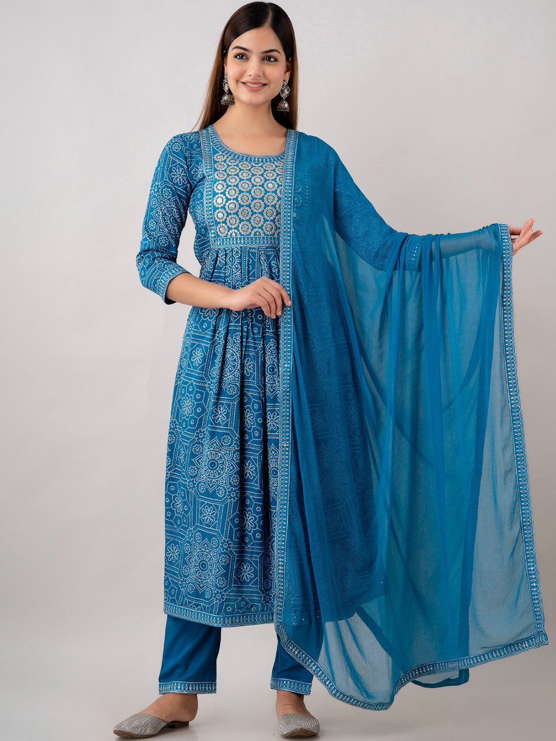 

Country Style Ethnic Motifs Printed Sequinned A Line Kurta With Trousers & Dupatta, Blue