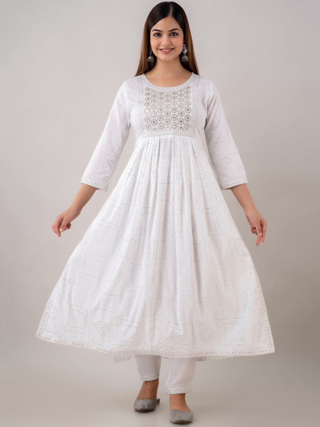 

Country Style Ethnic Motifs Printed Sequinned A Line Kurta With Trousers & Dupatta, White