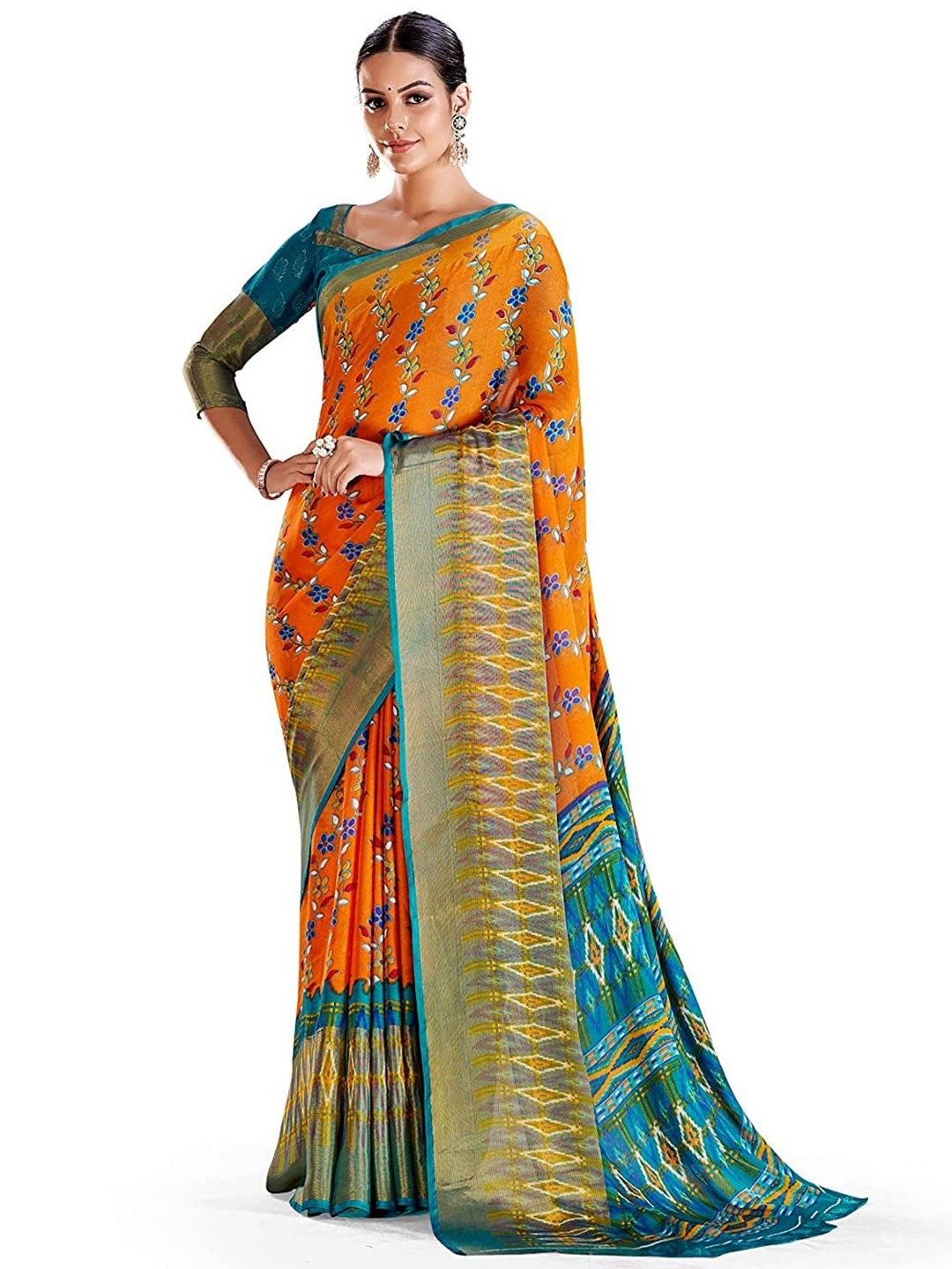 

Grubstaker Floral Printed Pure Chiffon Saree, Orange