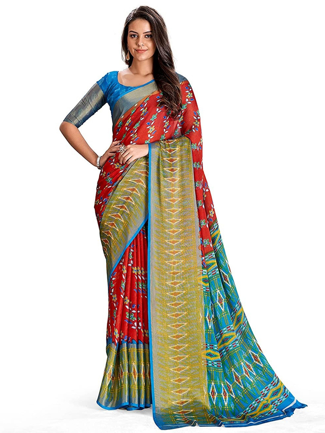 

Grubstaker Floral Printed Pure Chiffon Saree, Red