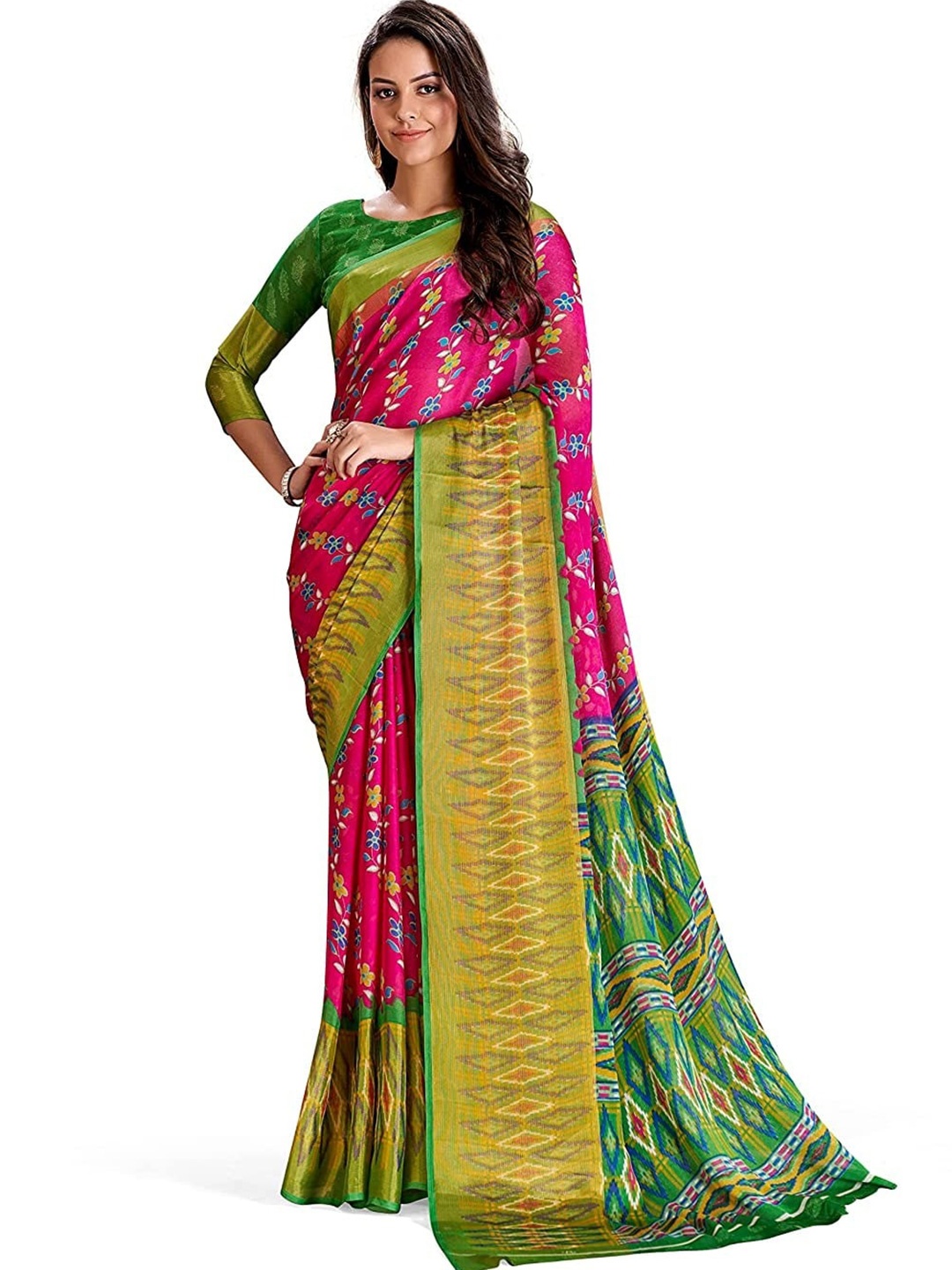 

Grubstaker Floral Printed Pure Chiffon Saree, Pink