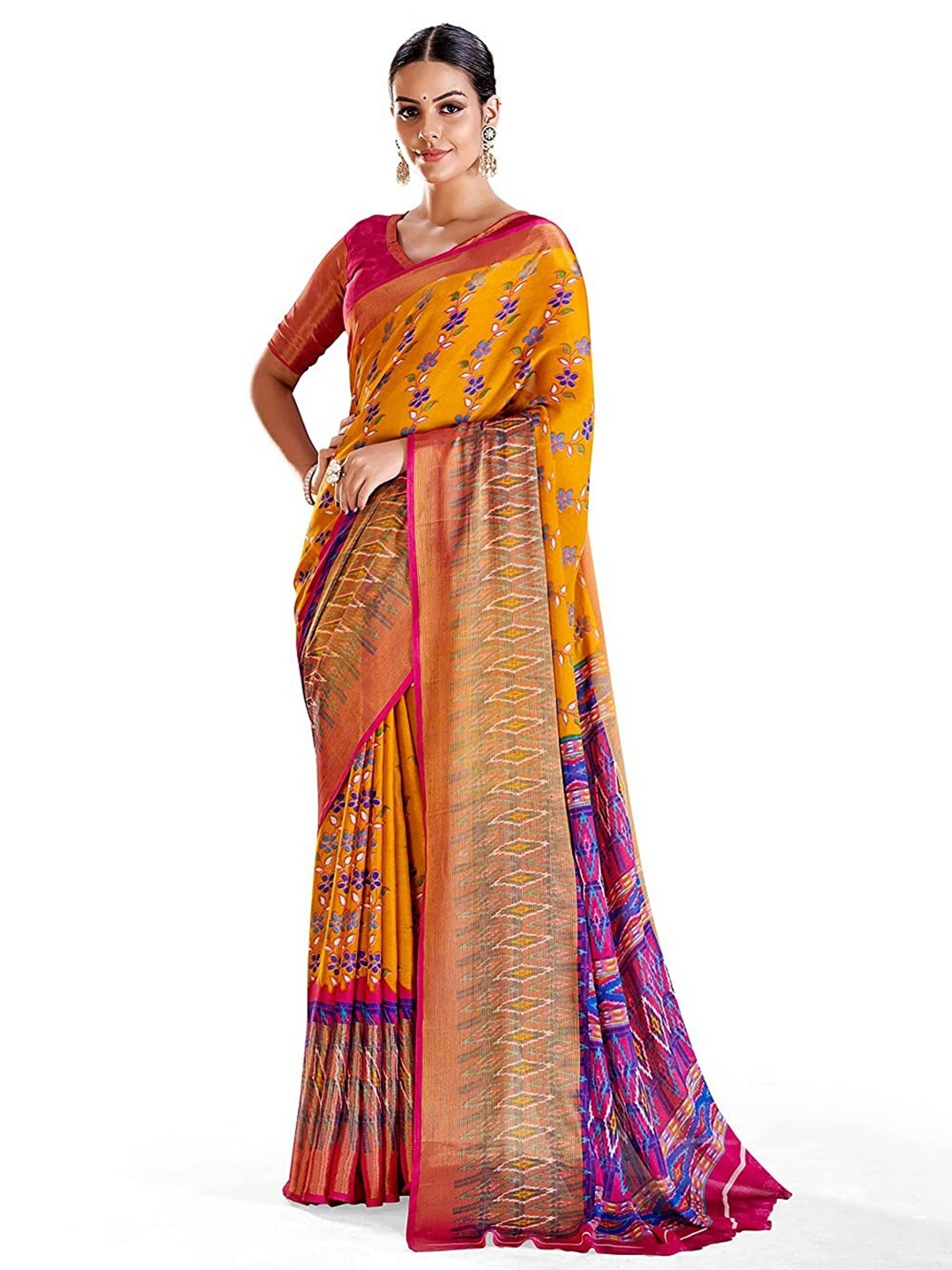 

Grubstaker Floral Printed Pure Chiffon Saree, Yellow