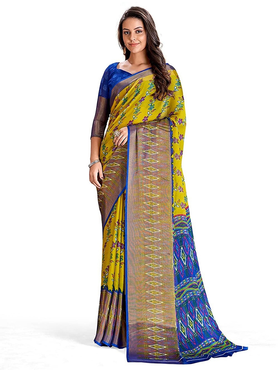 

Grubstaker Floral Printed Zari Pure Chiffon Saree, Yellow