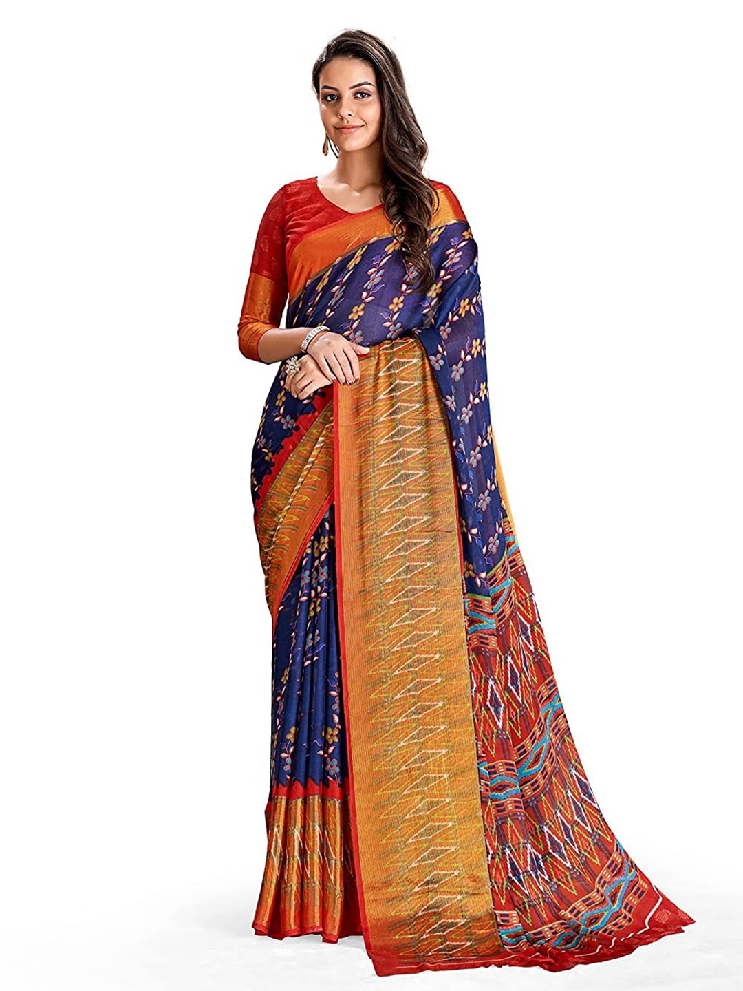 

Grubstaker Floral Printed Pure Chiffon Saree, Navy blue