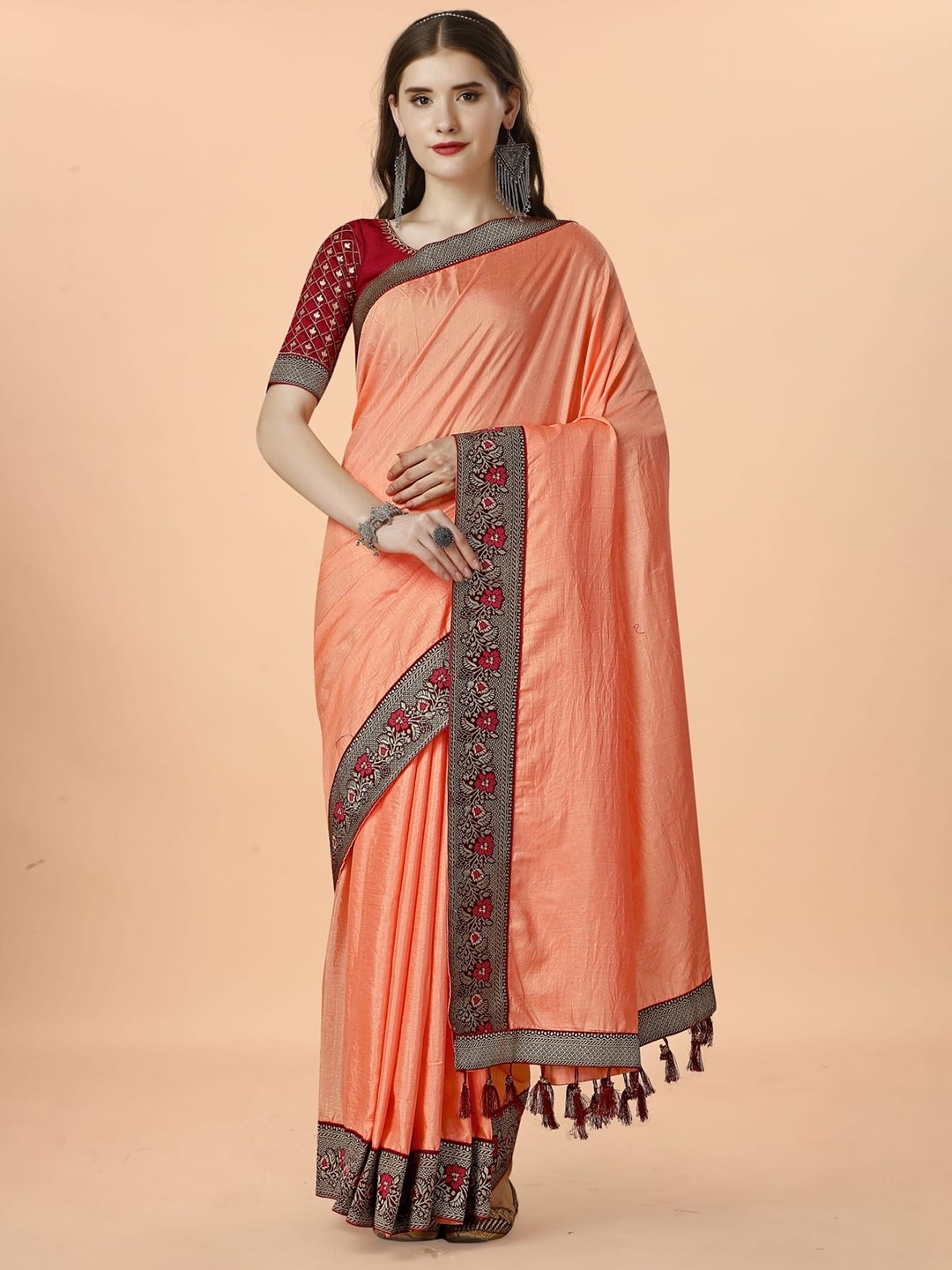 

Grubstaker Woven Design Border Saree, Peach