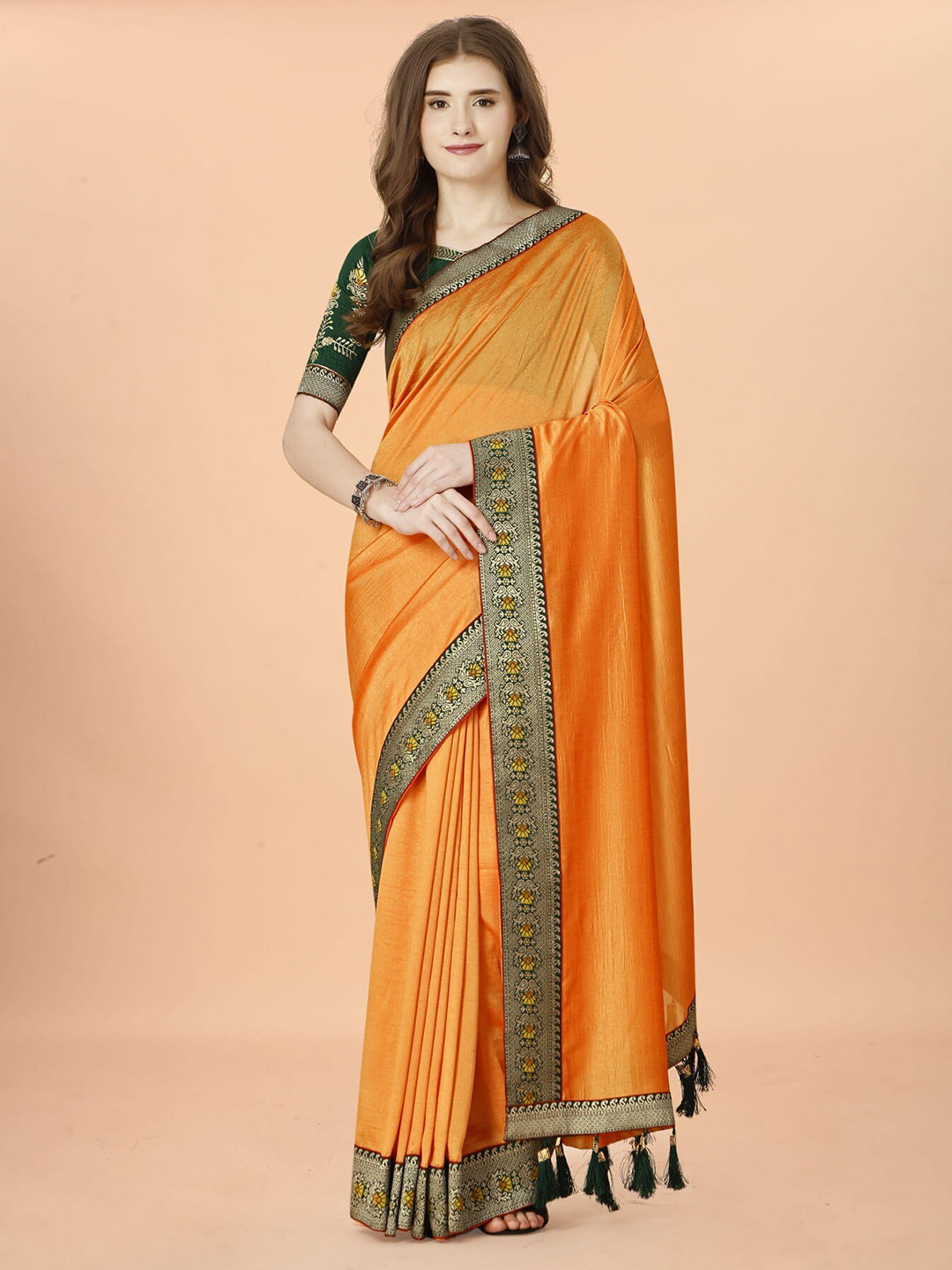 

Grubstaker Woven Design Border Saree, Mustard