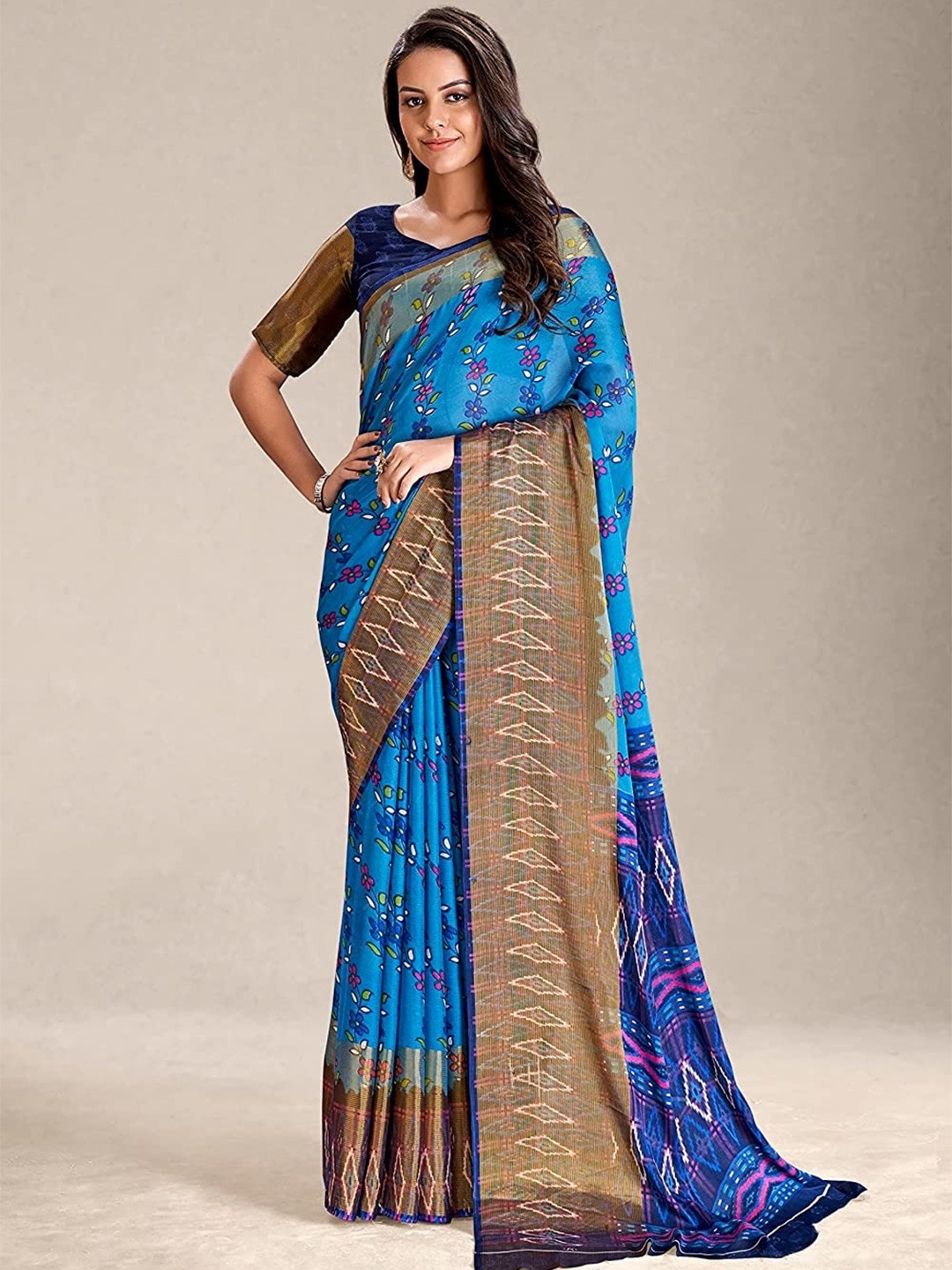 

Grubstaker Floral Printed Zari Pure Chiffon Saree, Blue
