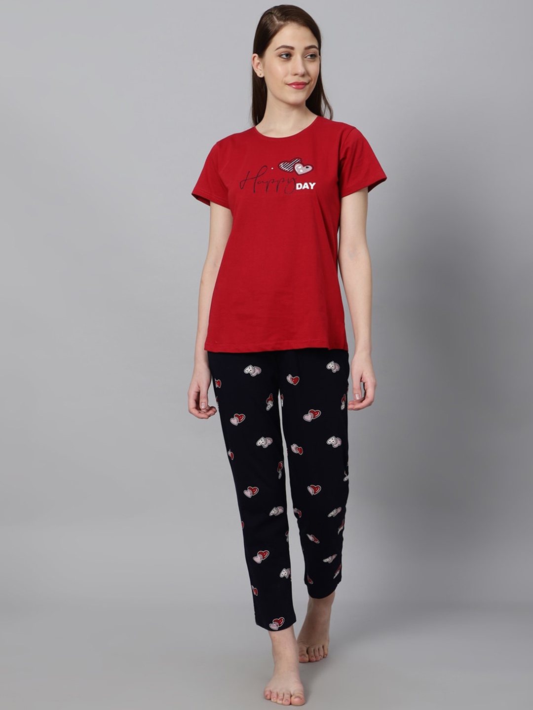 

DZZO Typography Printed Round Neck Pure Cotton Night suit, Red