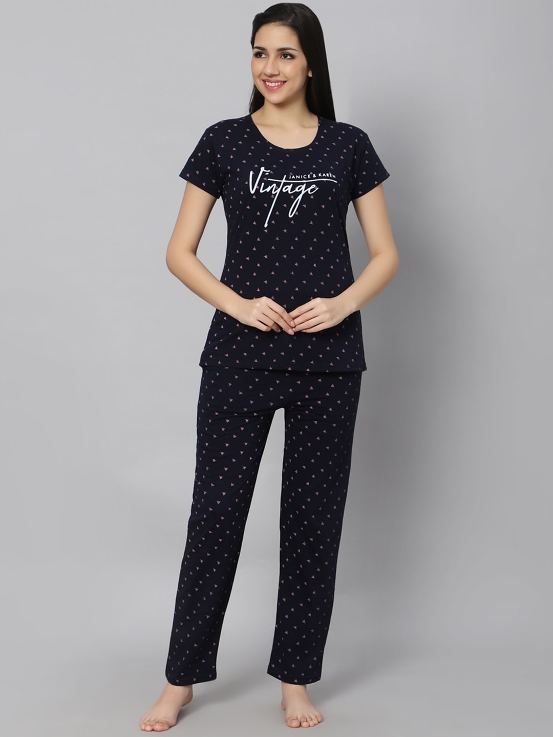 

DZZO Conversational Printed Pure Cotton Night suit, Navy blue