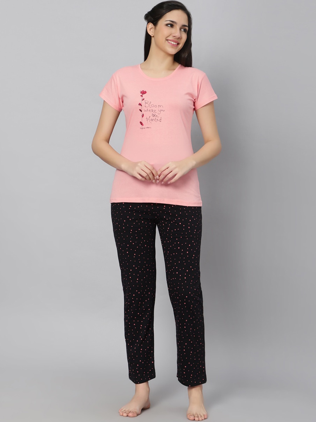 

DZZO Typography Printed Round Neck Pure Cotton Night suit, Pink