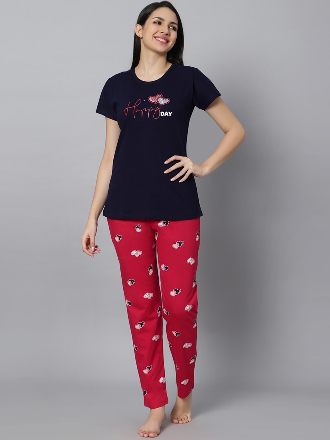 

DZZO Typography Printed Round Neck Pure Cotton Night suit, Navy blue