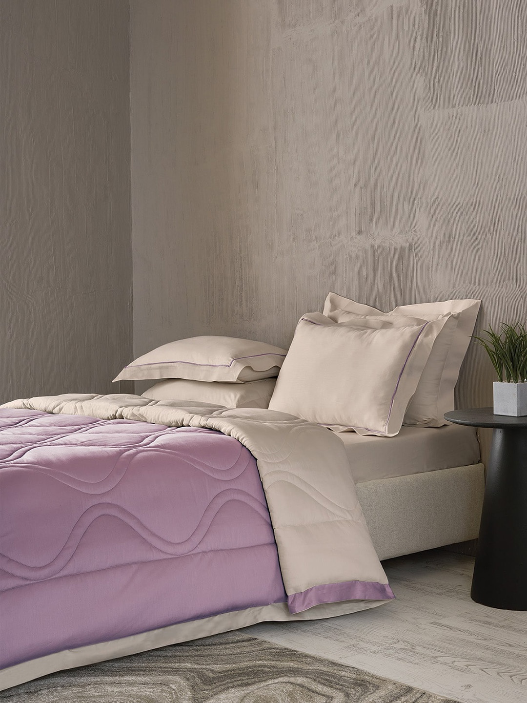 

DDecor Beige & Purple Quilted Cotton Double King Bedding Set