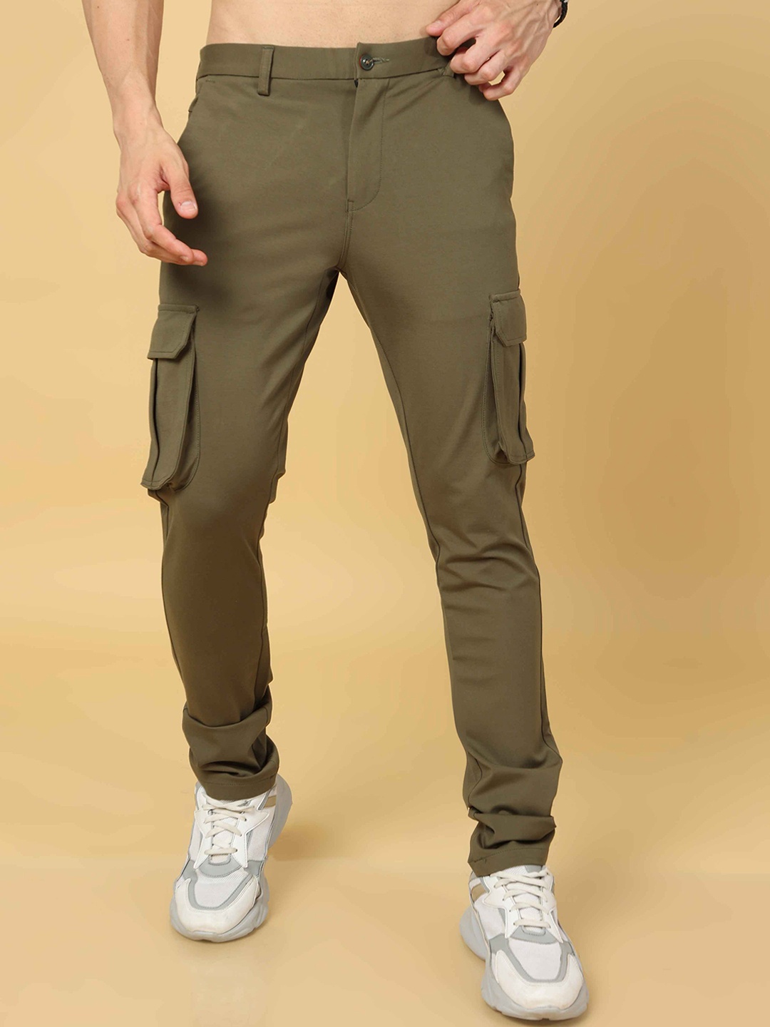 

Tailoraedge Men Mid-Rise Relaxed Cargos Trousers, Olive