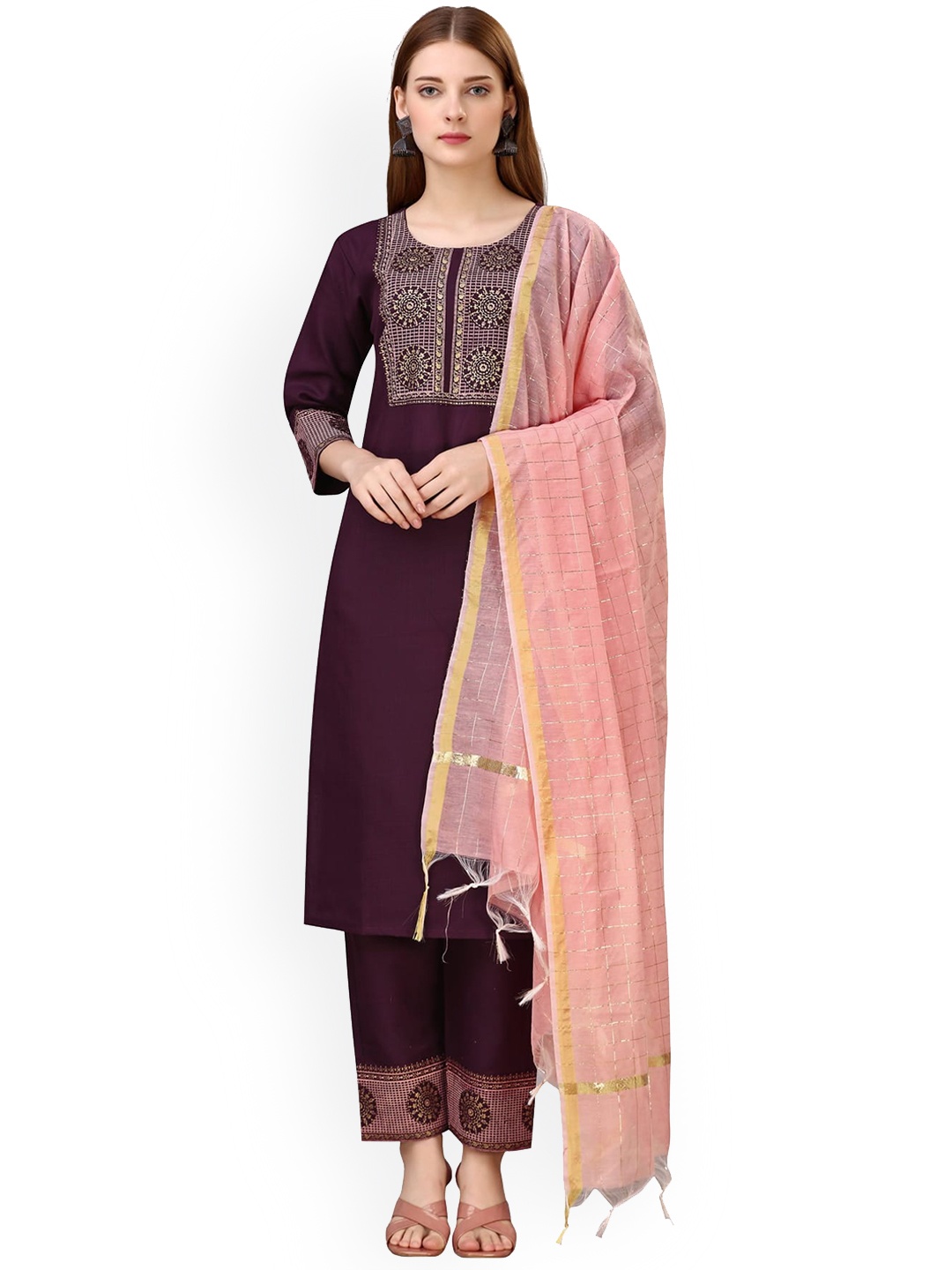 

Grubstaker Ethnic Motifs Printed Kurta with Trousers & Dupatta, Purple