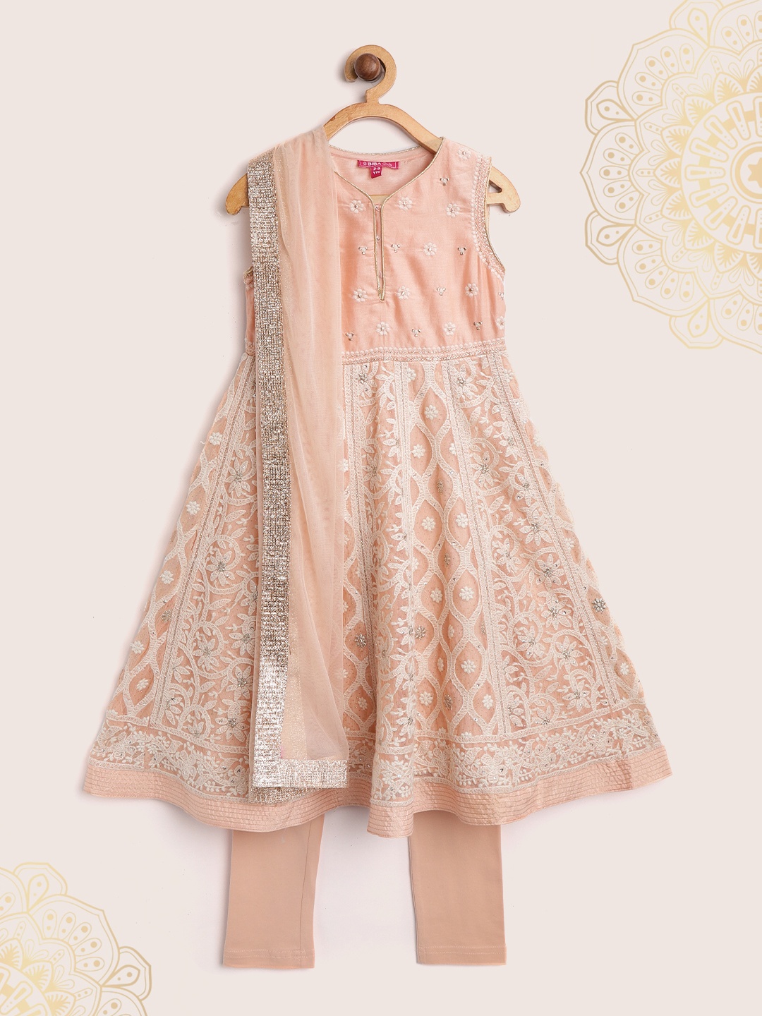 

Biba Girls Peach-Coloured & Off-White Embroidered Kurta with Churidar & Dupatta