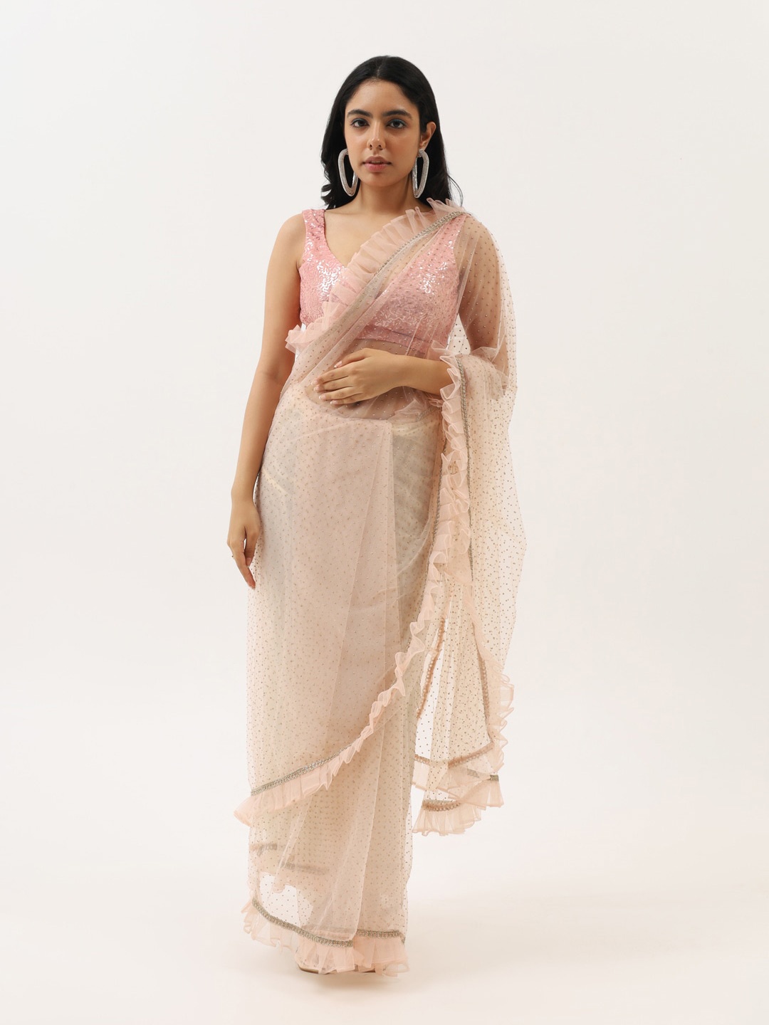 

Tikhi Imli Embellished Ruffled Net Saree, Peach