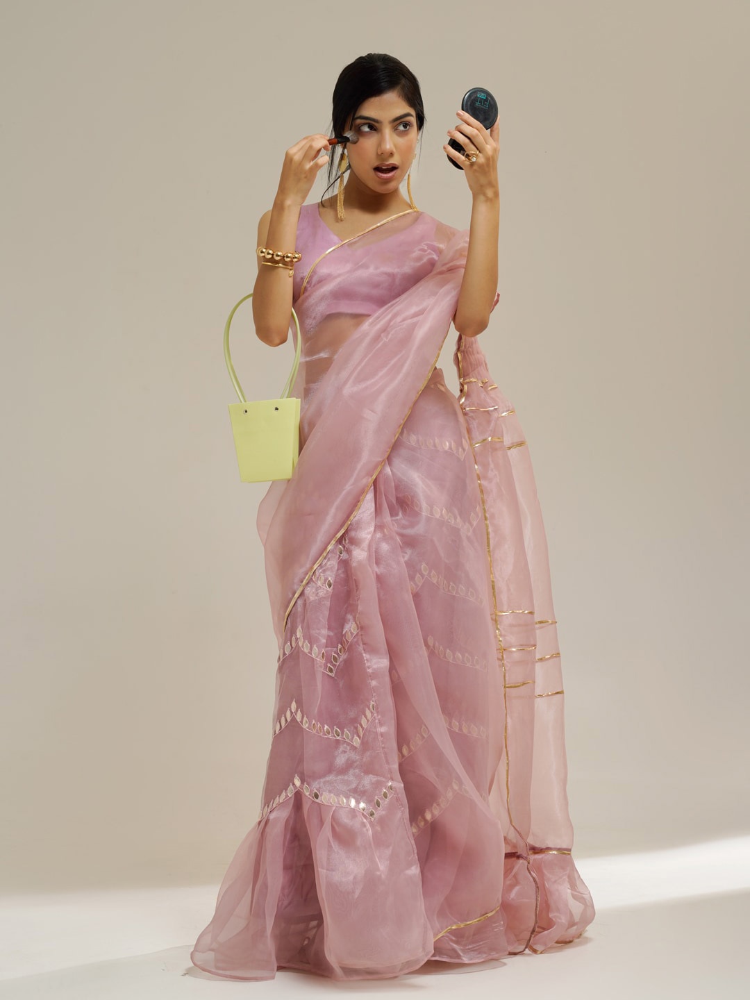 

Tikhi Imli Pink Floral Embroidered Gotta Patti Organza Ready to Wear Saree