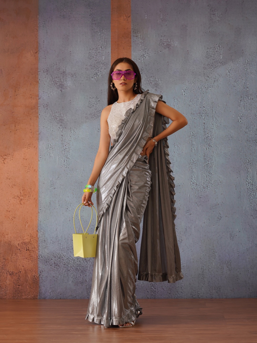 

Tikhi Imli Silver-Toned Zari Ready to Wear Saree