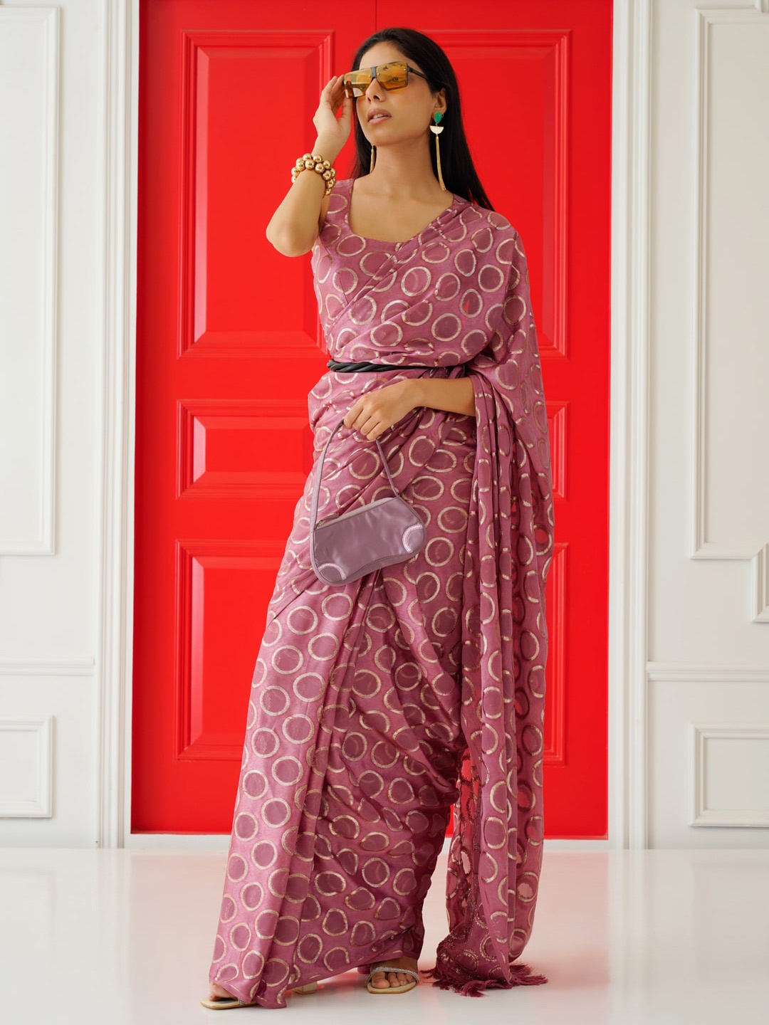 

Tikhi Imli Pink Woven Design Ready to Wear Saree