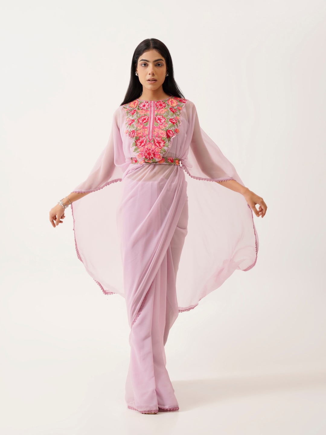 

Tikhi Imli Lavender & Pink Floral Embroidered Belted Saree