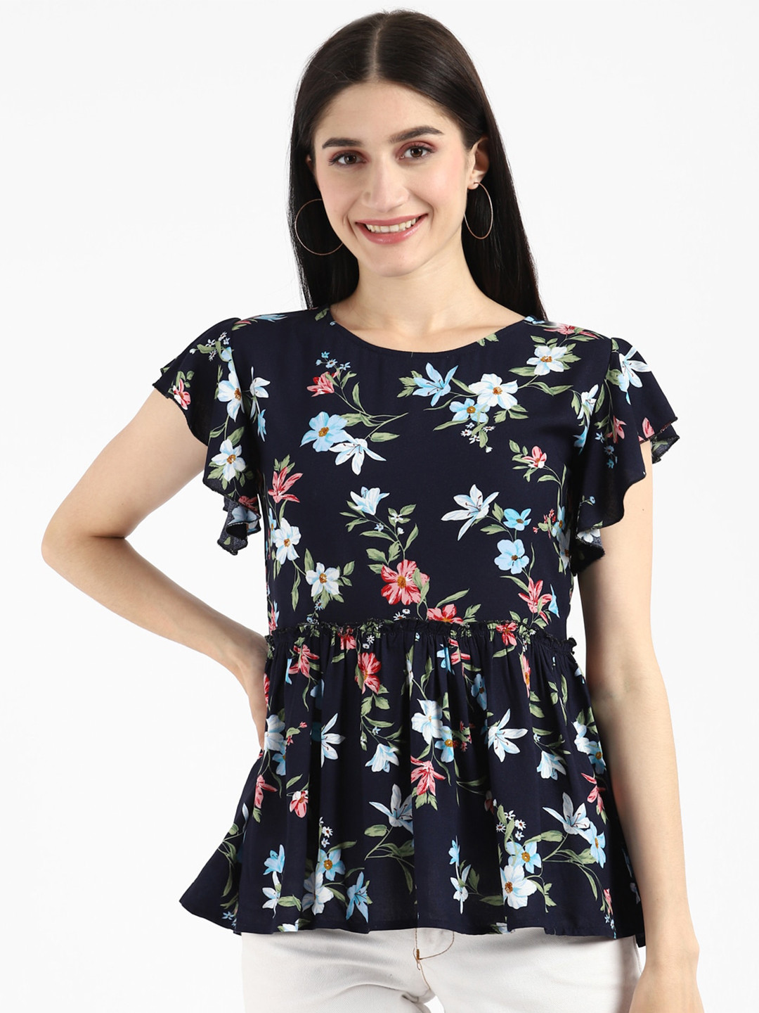 

UrbanMark Floral Printed Flutter Sleeves A-Line Top, Navy blue