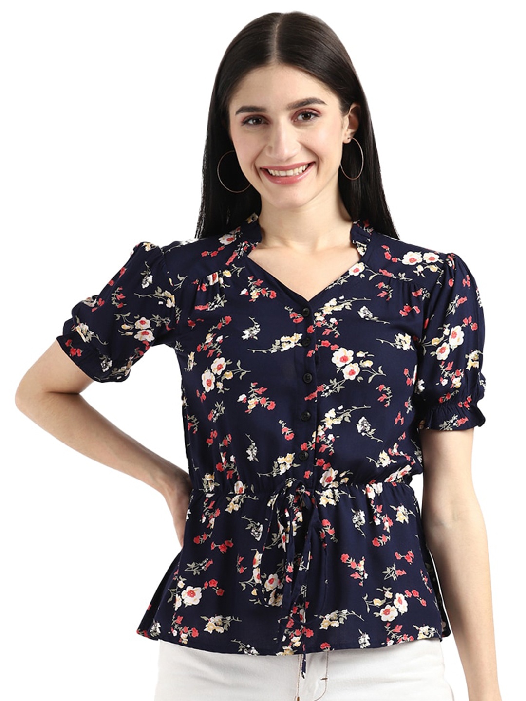 

UrbanMark Floral Printed Mandarin Collar Puff Sleeves Shirt Style Top, Navy blue