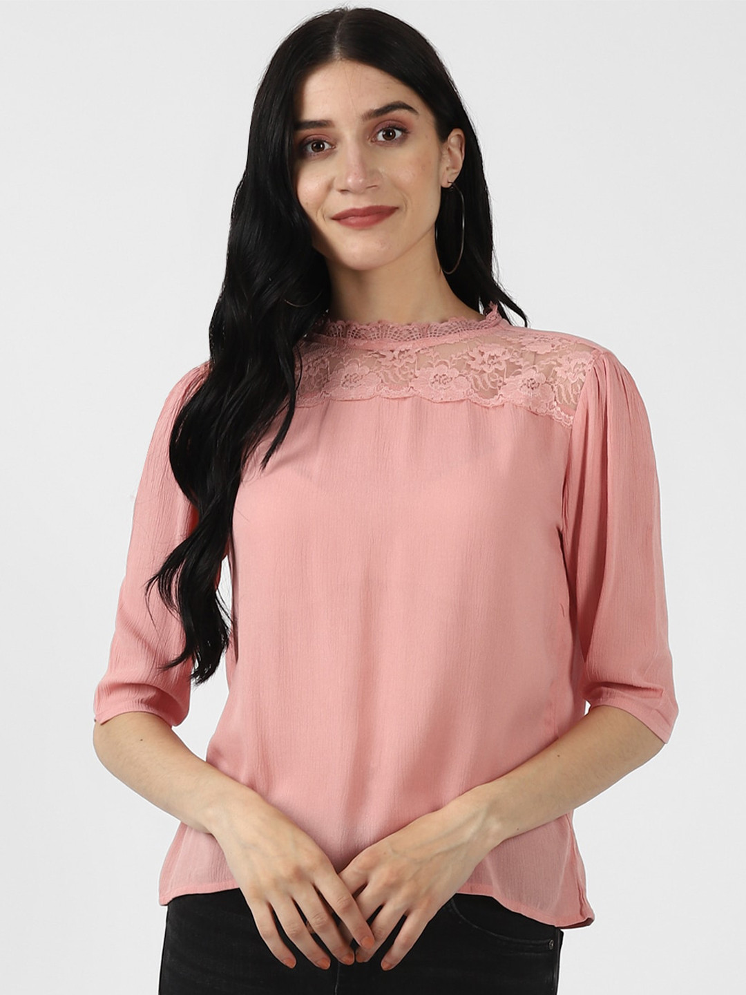 

UrbanMark Lace Detailing High Neck Regular Top, Peach