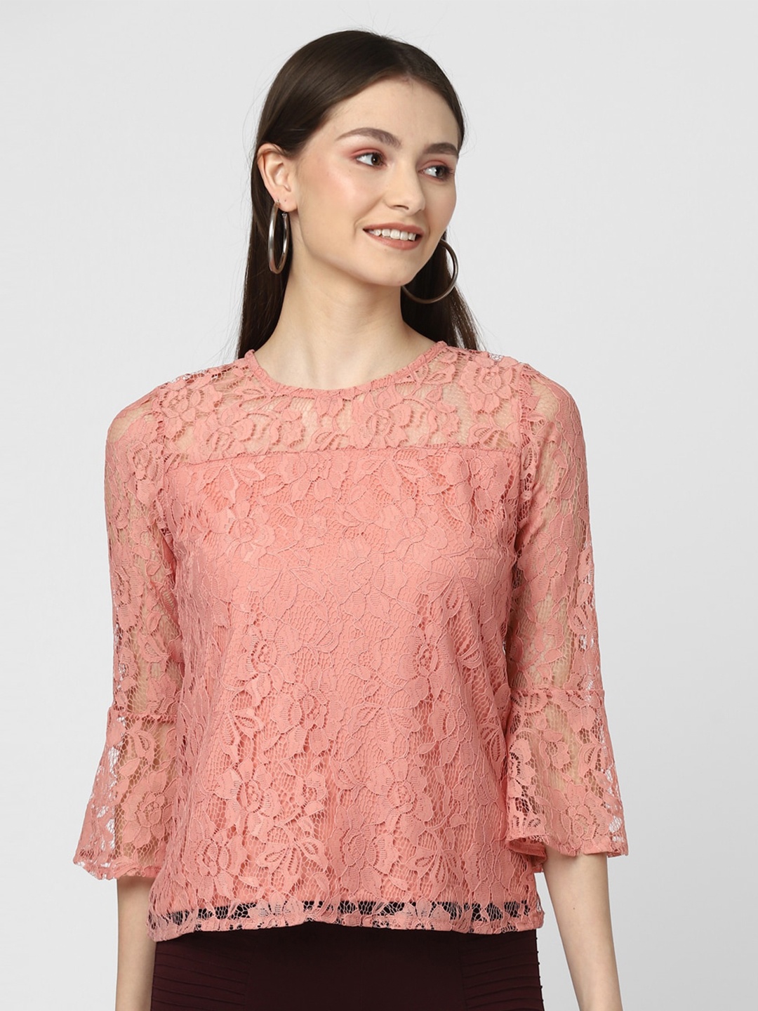 

UrbanMark Self Design Bell Sleeves Top, Peach