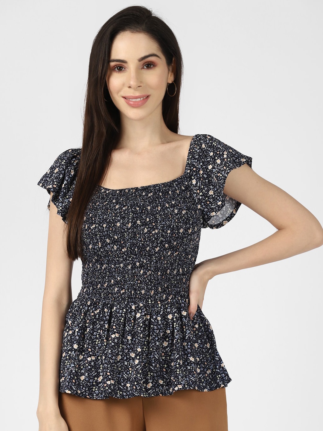 

UrbanMark Floral Print Flutter Sleeve Smocked Cinched Waist Top, Navy blue