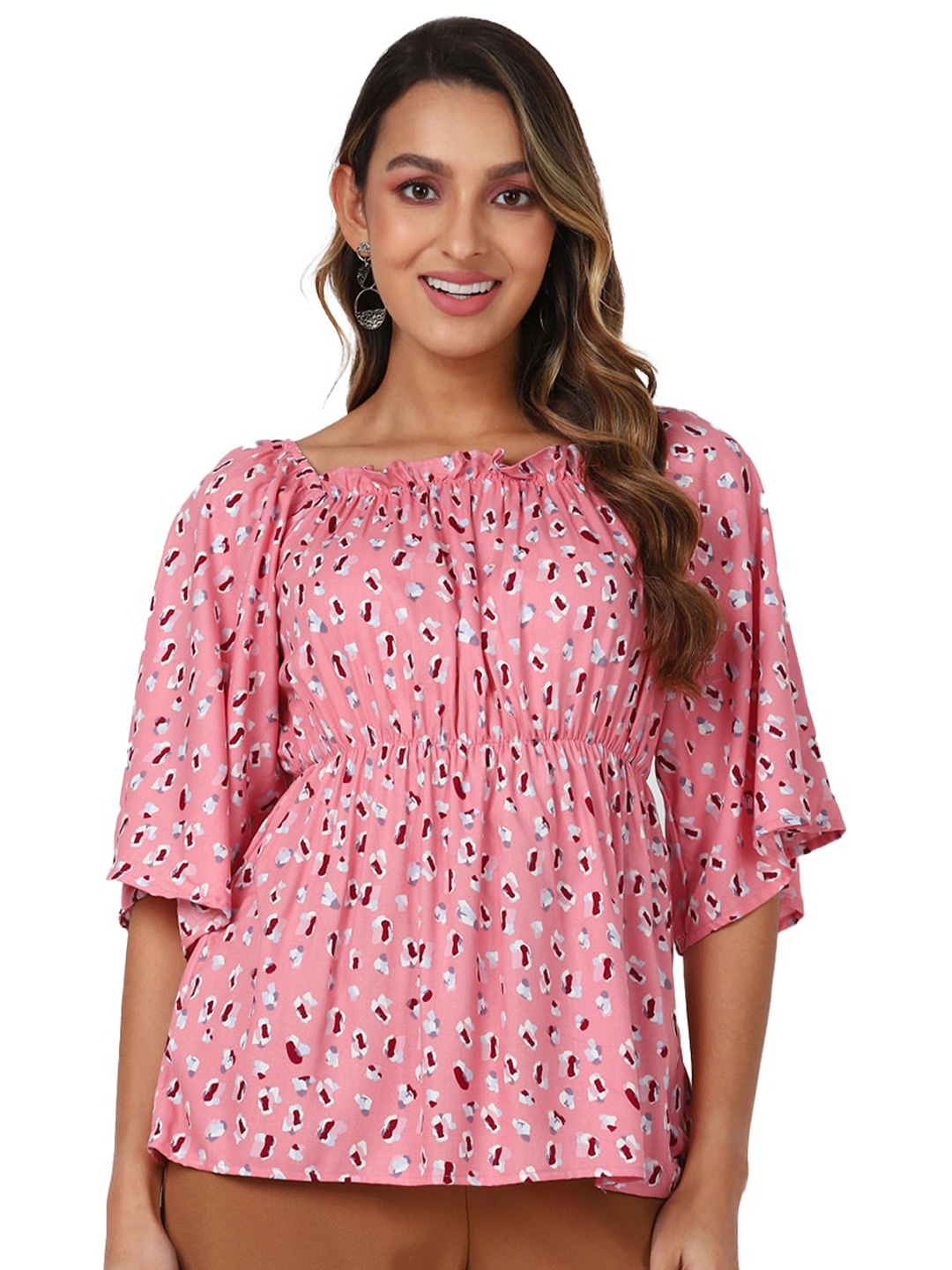 

UrbanMark Abstract Printed Flared Sleeves Top, Pink