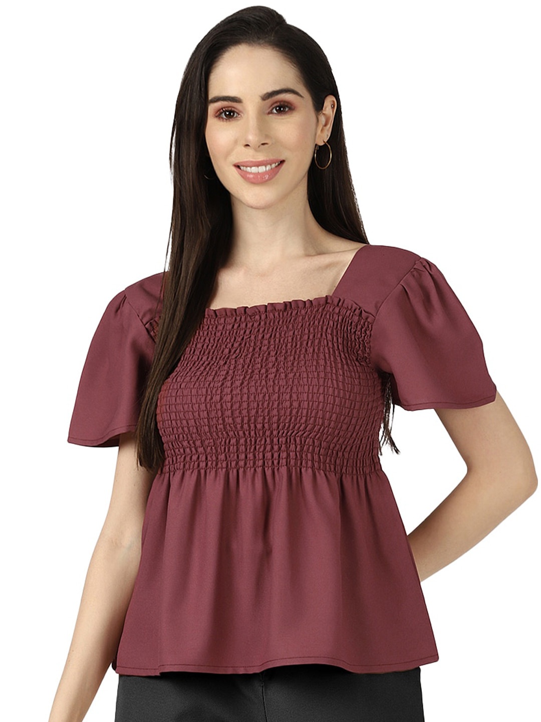 

UrbanMark Square Neck Smocking Peplum Top, Maroon