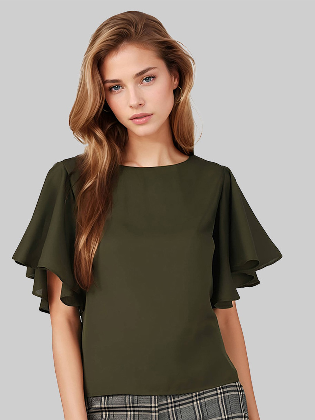 

UrbanMark Flared Sleeves Regular Top, Olive