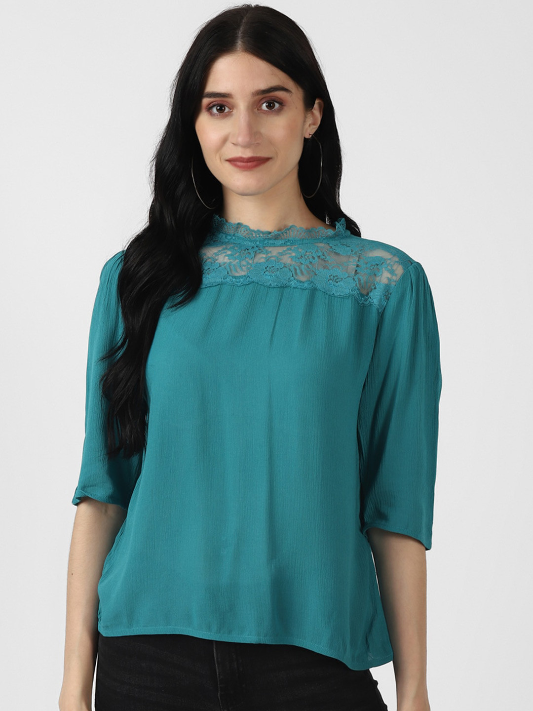 

UrbanMark Lace Deailing High NeckRegular Top, Turquoise blue