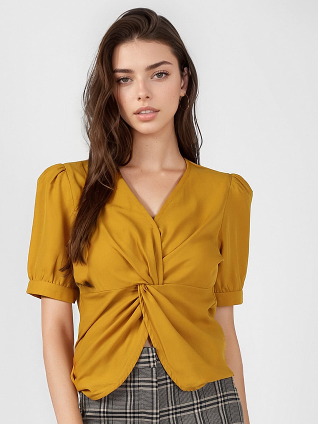 

UrbanMark V-Neck Twisted Puff Sleeved Top, Mustard