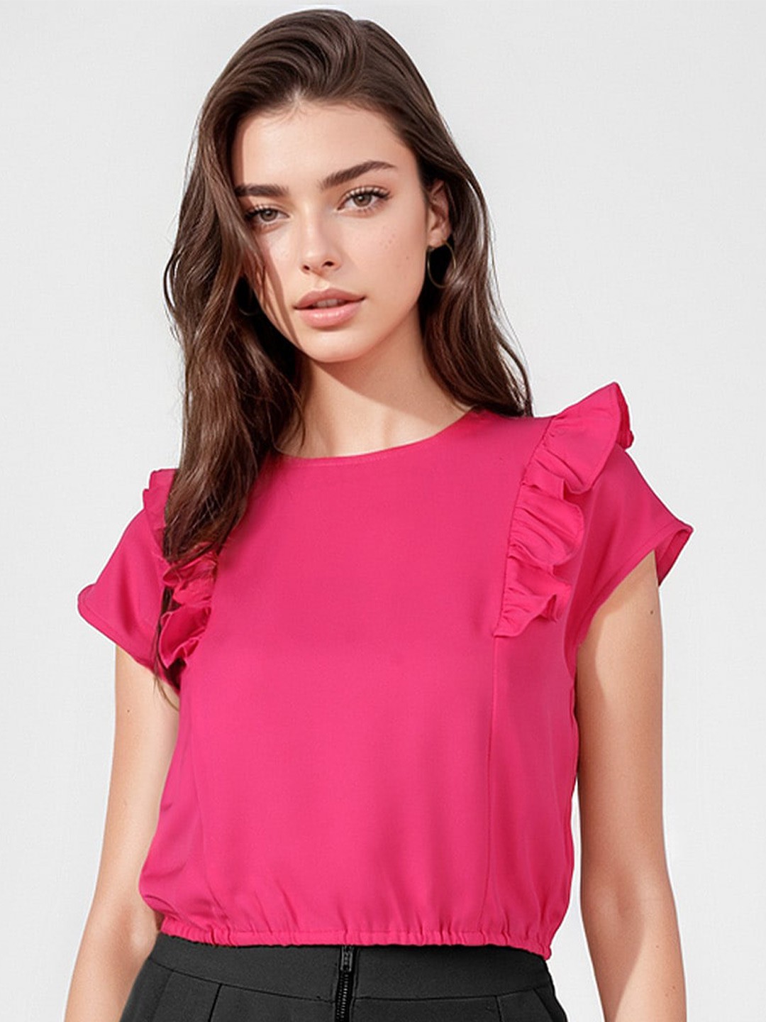 

UrbanMark Extended Sleeves Ruffled Crop Top, Pink