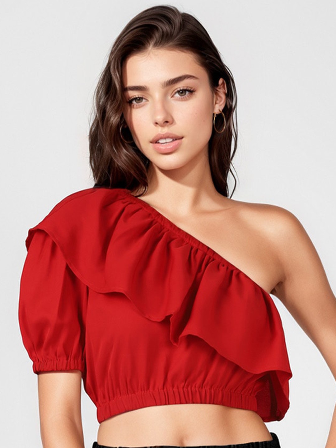 

UrbanMark One Shoulder Ruffle Fitted Crop Top, Red