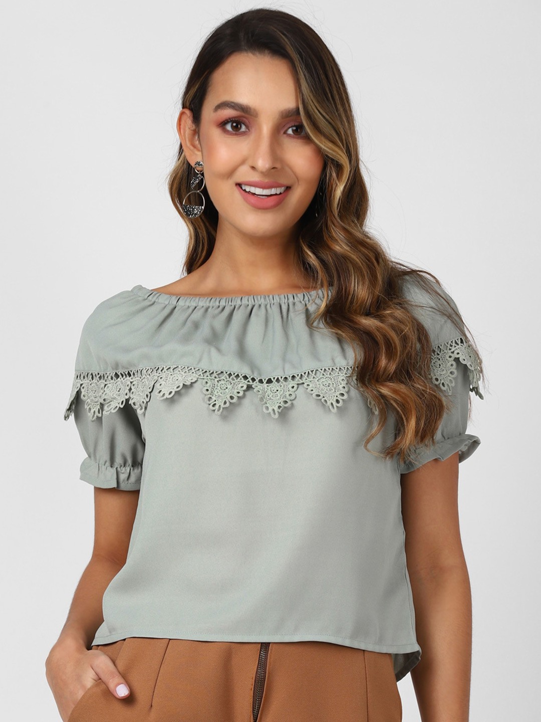 

UrbanMark Boat Neck Puff Sleeve Top, Green