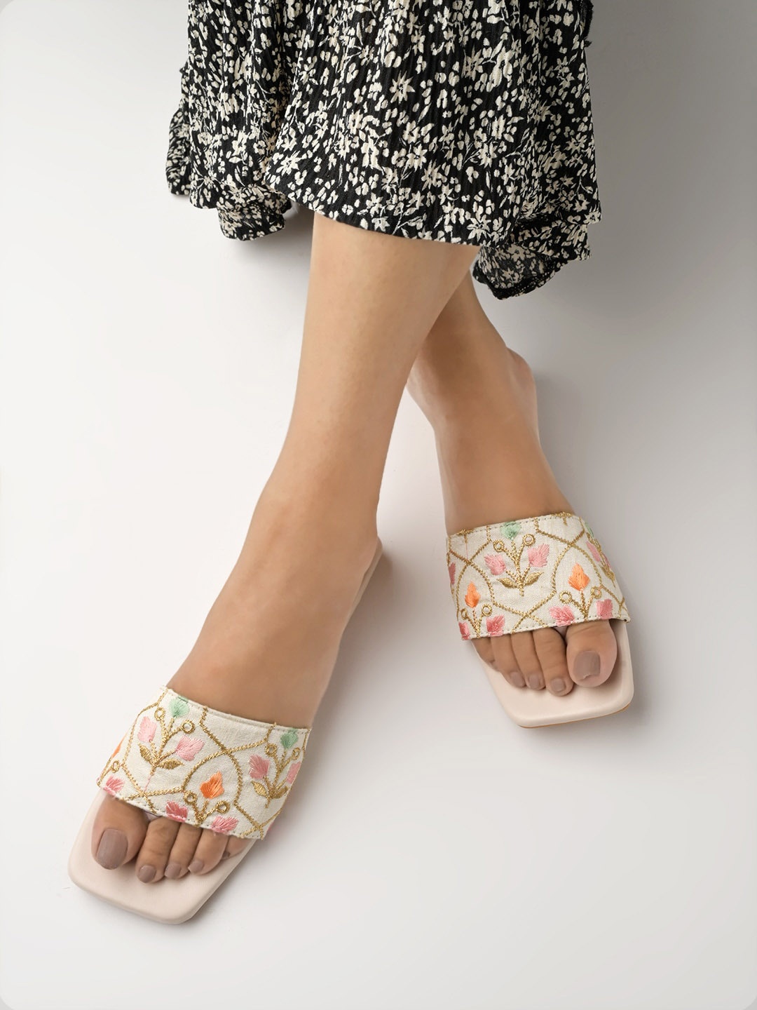 

Shoetopia Embroidered Open Toe Flats, Cream