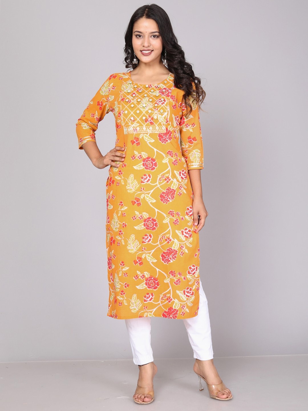 

Miramaar Floral Printed Thread Work Cotton Straight Kurta, Yellow