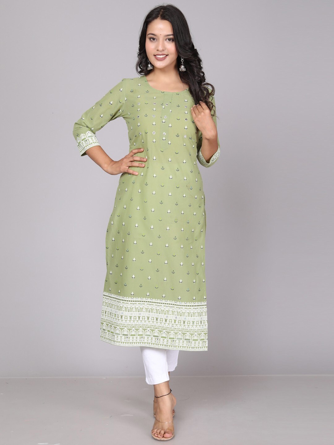

Miramaar Ethnic Motifs Printed Cotton Kurta, Olive