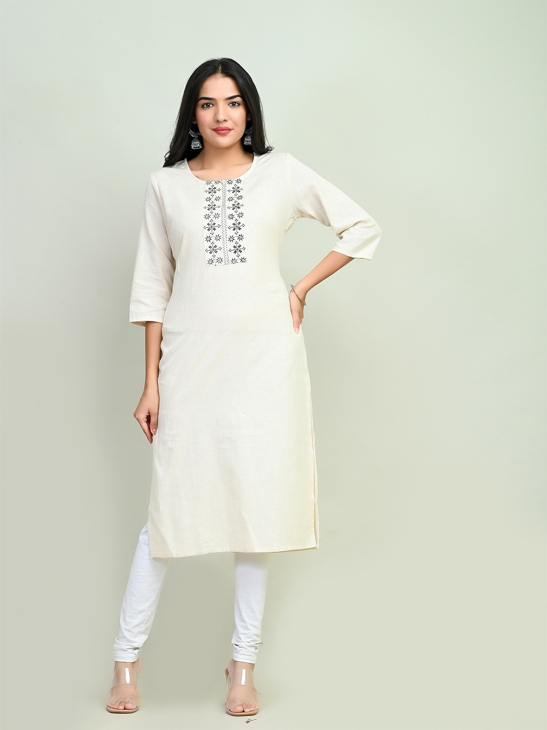 

Miramaar Ethnic Motifs Yoke Design Cotton Kurta, Cream