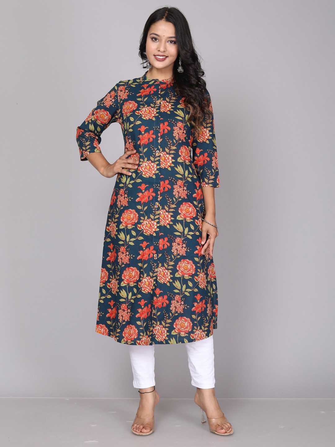 

Miramaar Floral Printed Mandarin Collar Cotton Straight Kurta, Blue