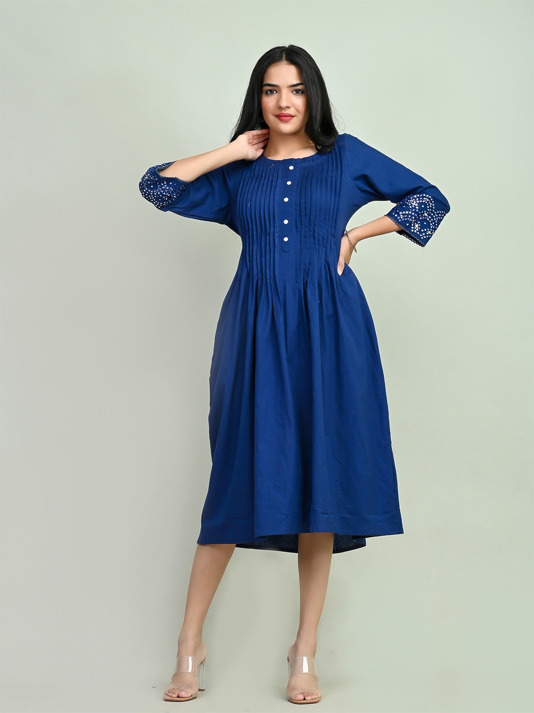 

Miramaar Pleated Pure Cotton A-Line Ethnic Dress, Navy blue