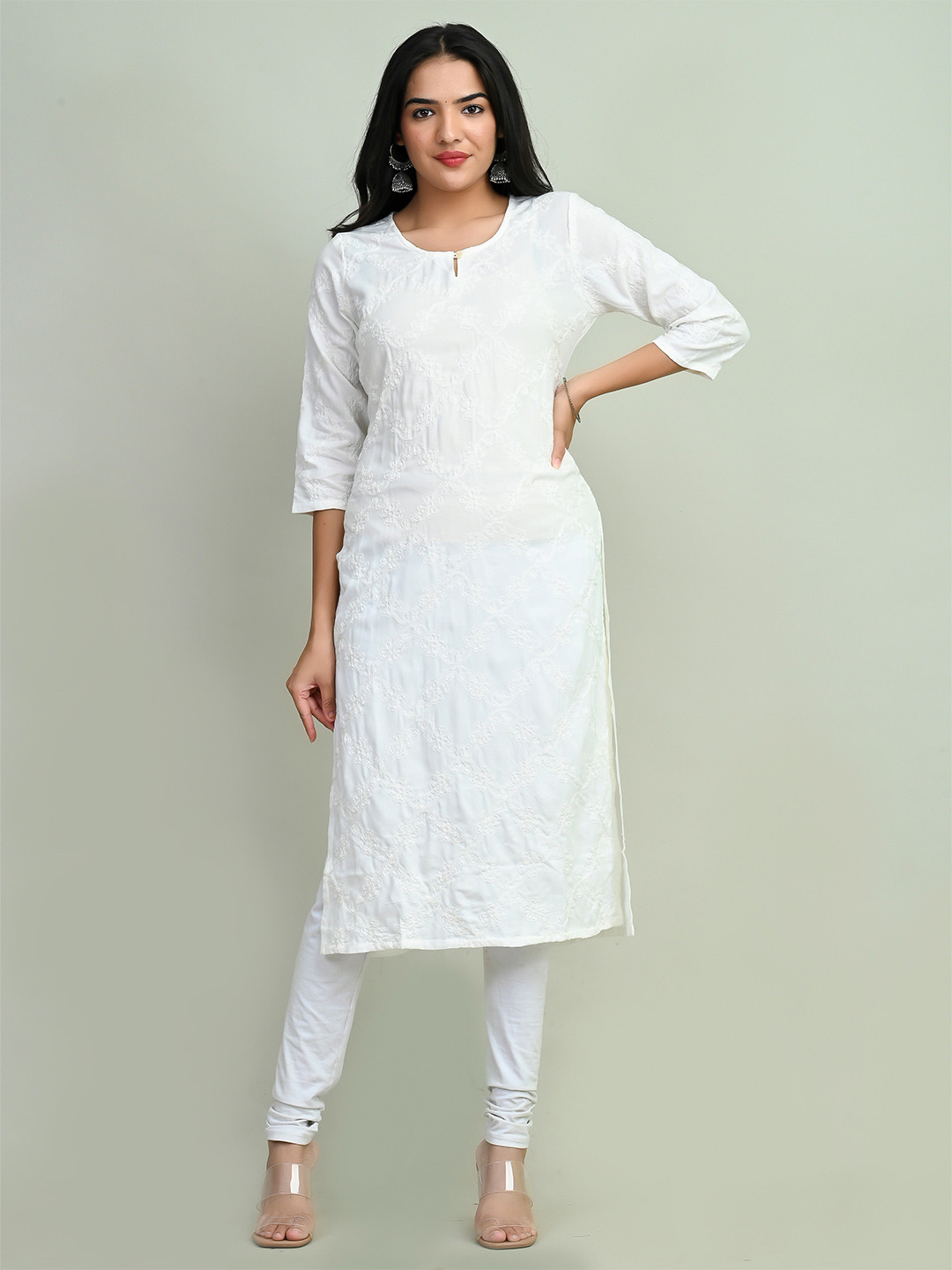 

Miramaar Ethnic Motif Embroidered Keyhole Neck Straight Kurta, White
