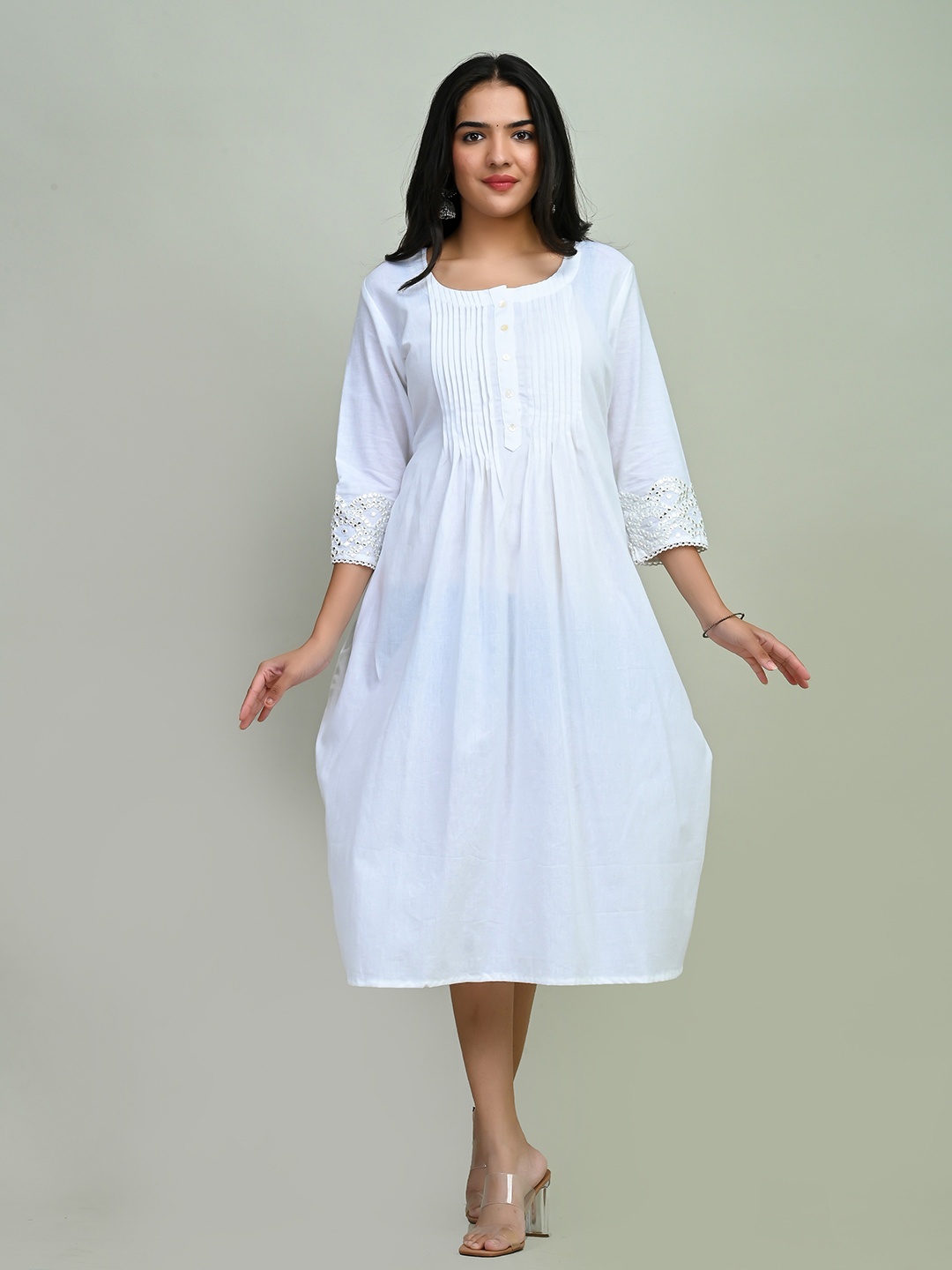 

Miramaar Round Neck Pure Cotton Pleated Kurta, White