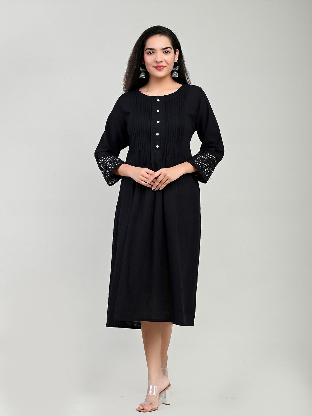 

Miramaar Round Neck Pure Cotton Pleated Kurta, Black